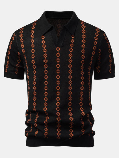 Geometric Knit V Neck Polo Shirt & Slim Fit Tapered Trousers