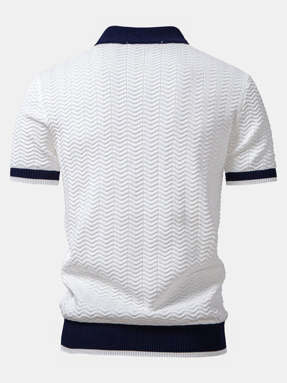 Texture Contrast Knitted V Neck Polo Shirt & Cotton Chino Shorts