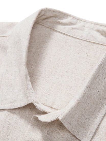 Linen Rayon Blend Button Up Shirt & Crinkled Textured Drawstring Shorts
