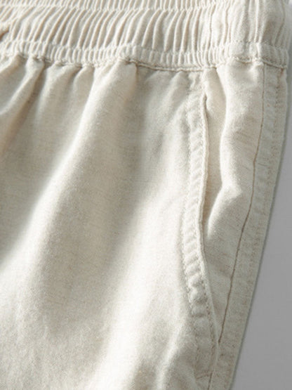 Striped Eyelet Knit Zip Up Polo Shirt & Straight Leg Linen Pants