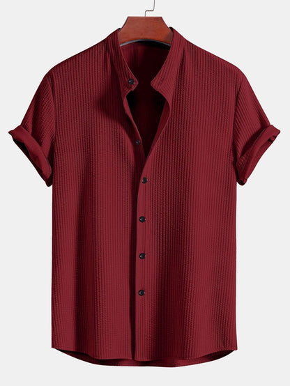 Muscle Fit Ribbed Stand Collar Shirt & Elastic Waist Straight Leg Trousers