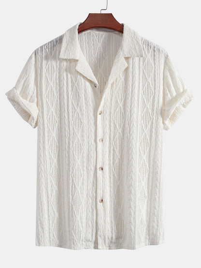 Geometric Jacquard Eyelet Cuban Shirt & Crinkle Textured Straight Leg Pants