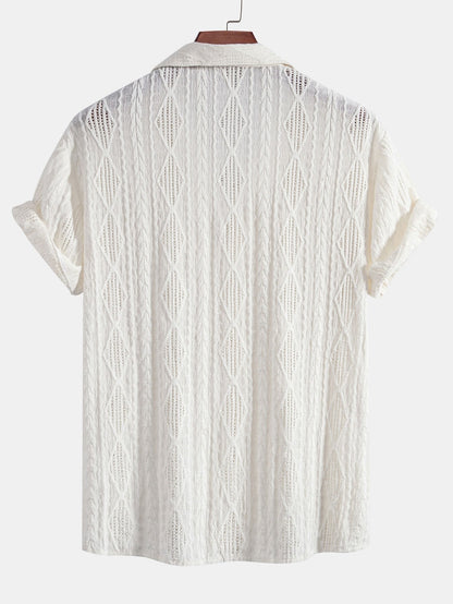 Geometric Jacquard Eyelet Cuban Shirt & Crinkle Textured Straight Leg Pants